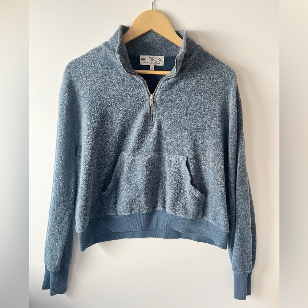 Wildfox Heather Blue Fleece 1/4 Zip Sweatshirt Cozy Shirt Slightly Cropped Comfy